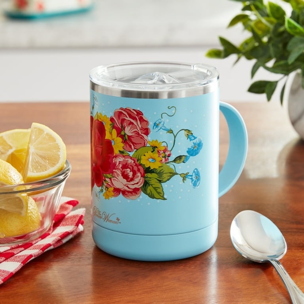 Pioneer Woman Sweet Rose 14 Oz Stainless Steel Ultimate Mug Handle & Lid Travel